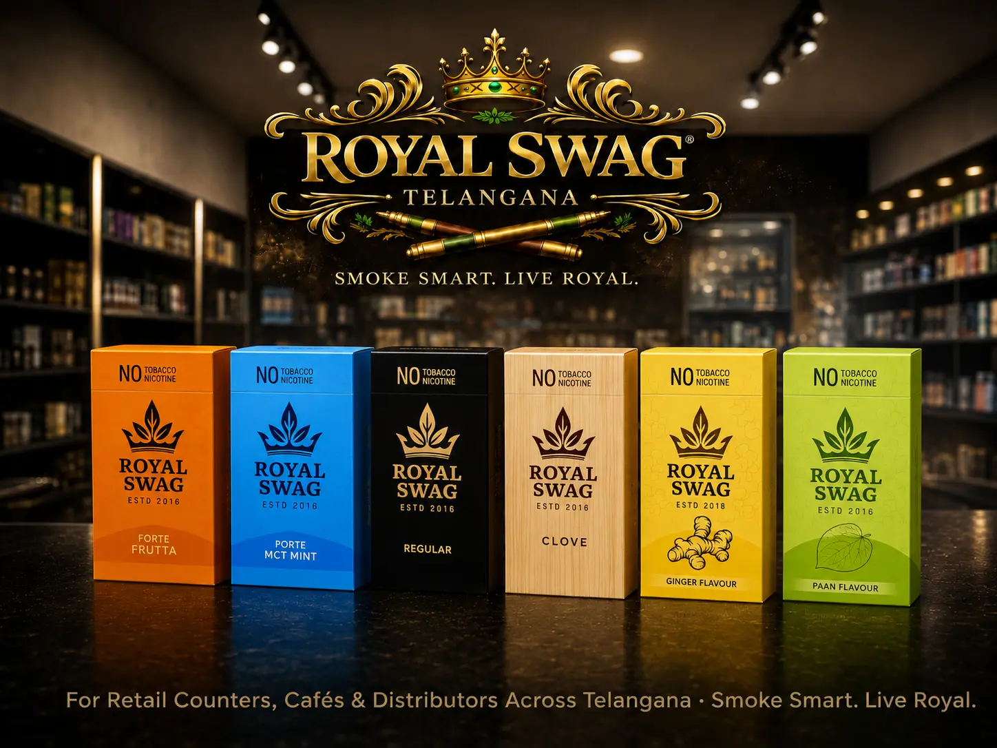 Royal Swag Telangana premium herbal cigarettes hero banner for retailers cafés and distributors